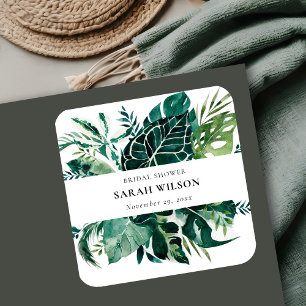 Tropical Monstera Green Foliage Bridal Shower  Square Sticker