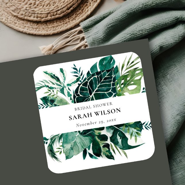 Tropical Monstera Green Foliage Bridal Shower  Square Sticker (Creator Uploaded)