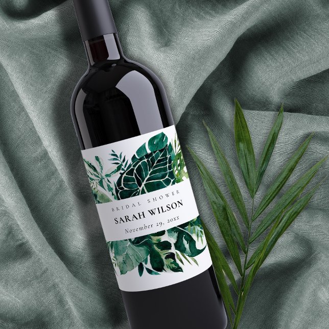 Tropical Monstera Green Foliage Bridal Shower  Wine Label (Creator Uploaded)