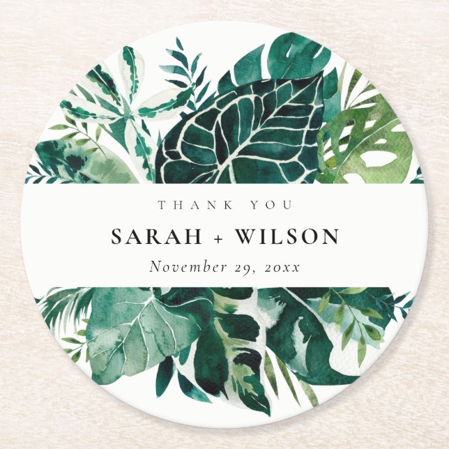 Tropical Monstera Green Foliage Wedding Thank You Round Paper Coaster (Front)