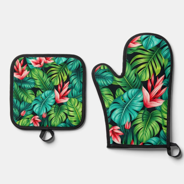 Tropical Monstera Heliconia Jungle Pattern Oven Mitt & Pot Holder Set (Front)