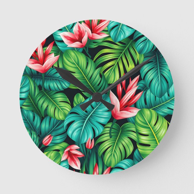 Tropical Monstera Heliconia Jungle Pattern Round Clock (Front)