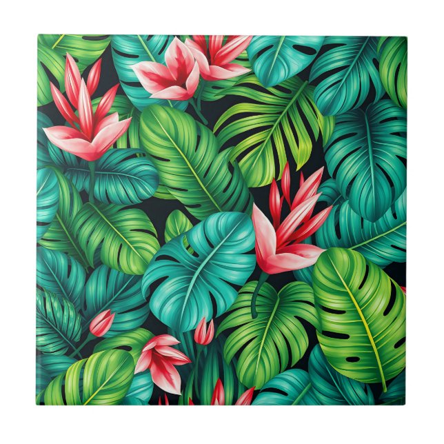 Tropical Monstera Heliconia Jungle Pattern Tile (Front)