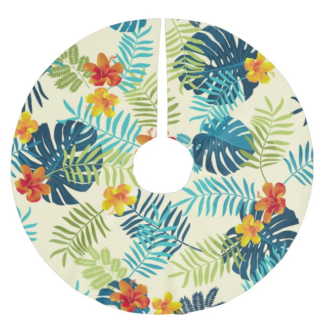 Tropical Monstera Hibiscus Summer Pattern Brushed Polyester Tree Skirt (Front)