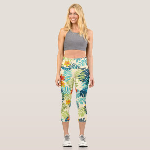 Tropical Monstera Hibiscus Summer Pattern Capri Leggings