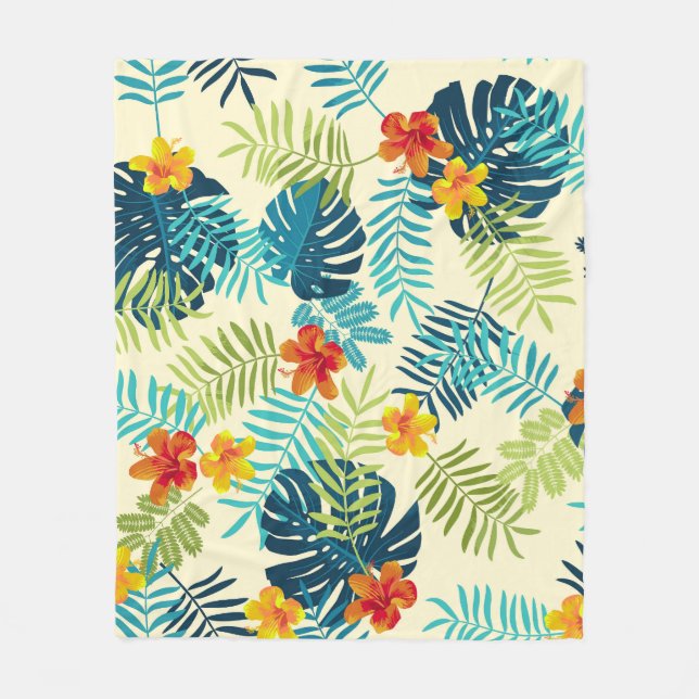 Tropical Monstera Hibiscus Summer Pattern Fleece Blanket (Front)