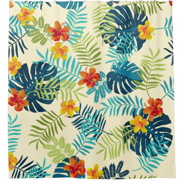 Tropical Monstera Hibiscus Summer Pattern Shower Curtain (Front)