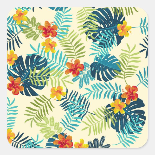Tropical Monstera Hibiscus Summer Pattern Square Sticker (Front)