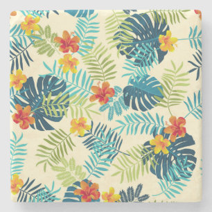 Tropical Monstera Hibiscus Summer Pattern Stone Coaster