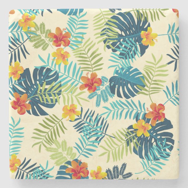 Tropical Monstera Hibiscus Summer Pattern Stone Coaster (Front)