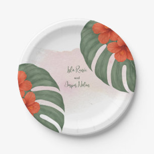 Tropical Monstera & Hibiscus Wedding Paper Plate