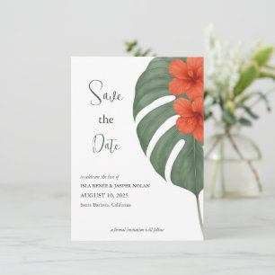 Tropical Monstera & Hibiscus Wedding Save The Date