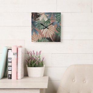 Tropical Monstera Jungle Leaves 2 Square Wall Clock