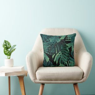 Tropical Monstera Jungle Night Leaves 1 Cushion