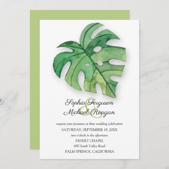 Tropical Monstera Leaf Botanical Wedding Invites (Front/Back)
