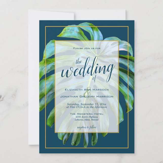 Tropical Monstera Leaf Dark Blue Gold Wedding Invitation (Front)