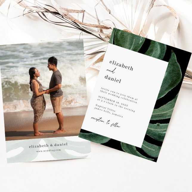 Tropical Monstera Leaf Destination Wedding Photo Invitation (Creator Uploaded)