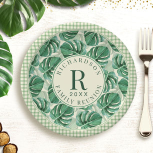 Tropical Monstera Leaf Family Reunion Monogrammed Paper Plate
