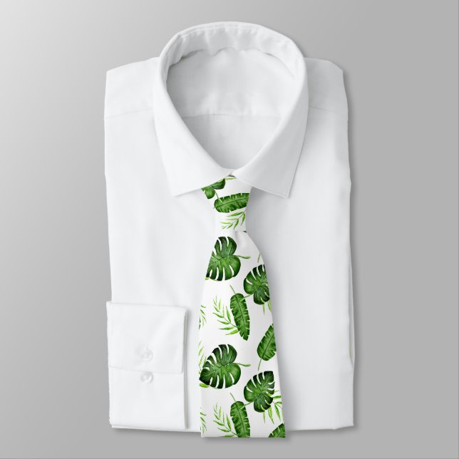 Tropical Monstera Leaf Green Botanical Tie (Tied)