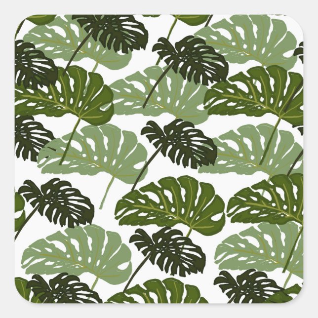 Tropical Monstera Leaf Green Square Sticker (Front)
