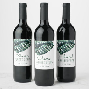 Tropical Monstera Leaf Mod Beach Wedding Wine Label