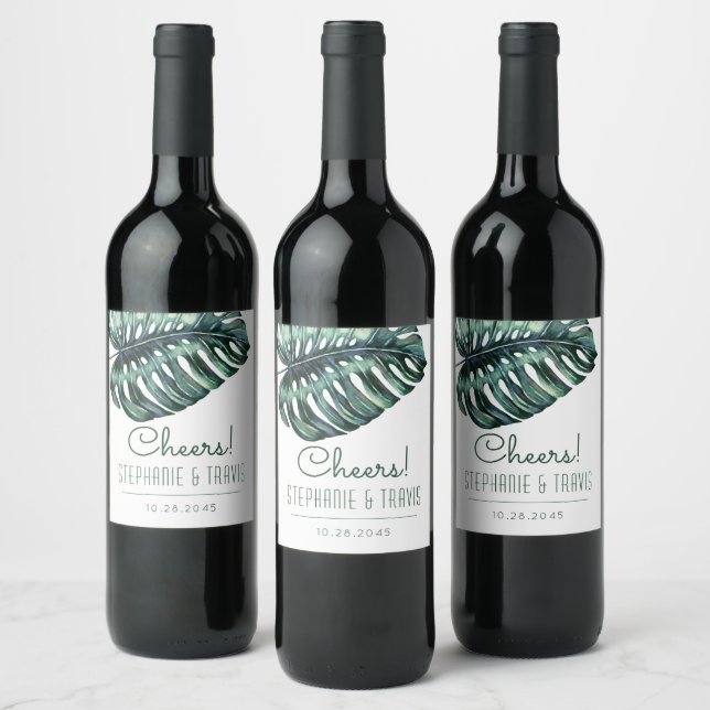 Tropical Monstera Leaf Mod Beach Wedding Wine Label (Bottles)