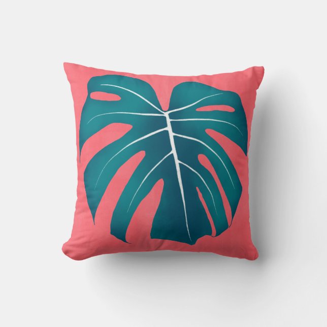 Tropical Monstera Leaf on Pink  Cushion (Front)