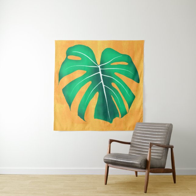 Tropical Monstera Leaf on Yellow Tapestry (In Situ)