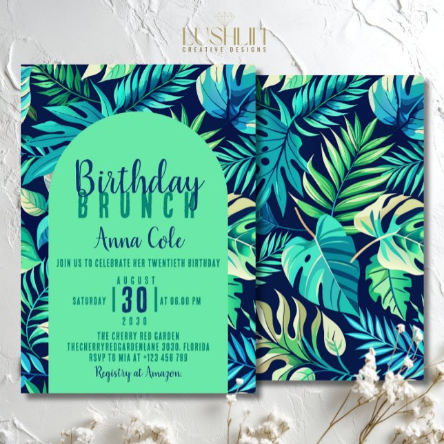Tropical Monstera Leaf Pastel Green and Blue  Invitation (Creator Uploaded)