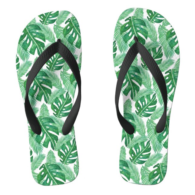 Tropical Monstera Leaf Pattern Green and White Jandals (Footbed)