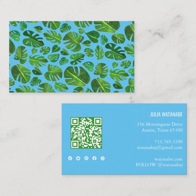 Tropical Monstera Leaf QR Code Social Media Chic Business Card (Front/Back)