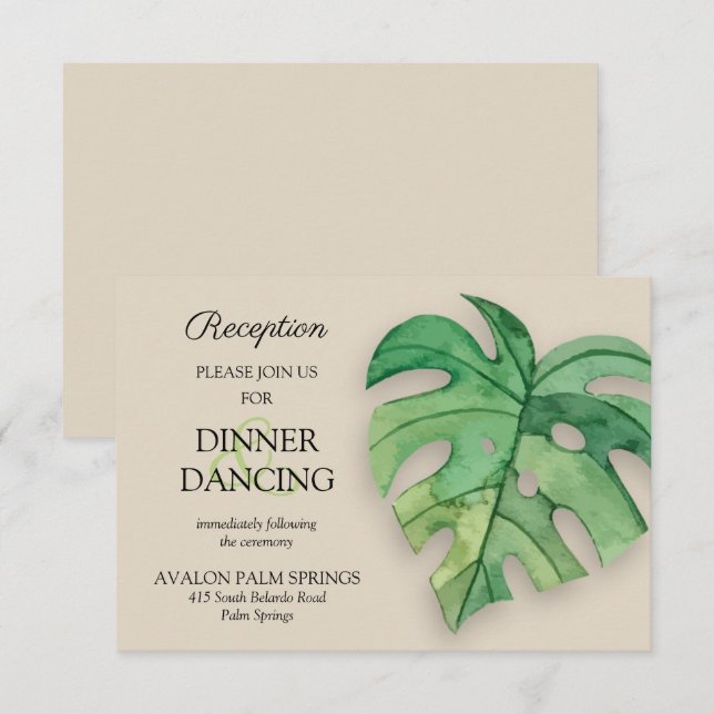 Tropical Monstera Leaf Tan Wedding Reception Card (Front/Back)