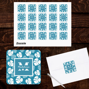 Tropical Monstera Leaf Teal White Floral Monogram Square Sticker