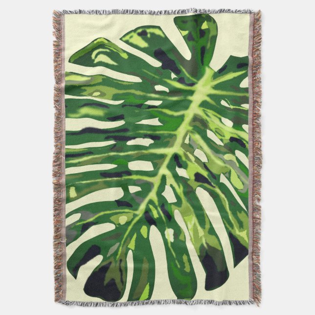 Tropical Monstera Leaf Throw Blanket (Front Vertical)