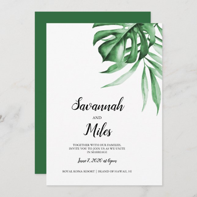 Tropical monstera leaf wedding invitation (Front/Back)