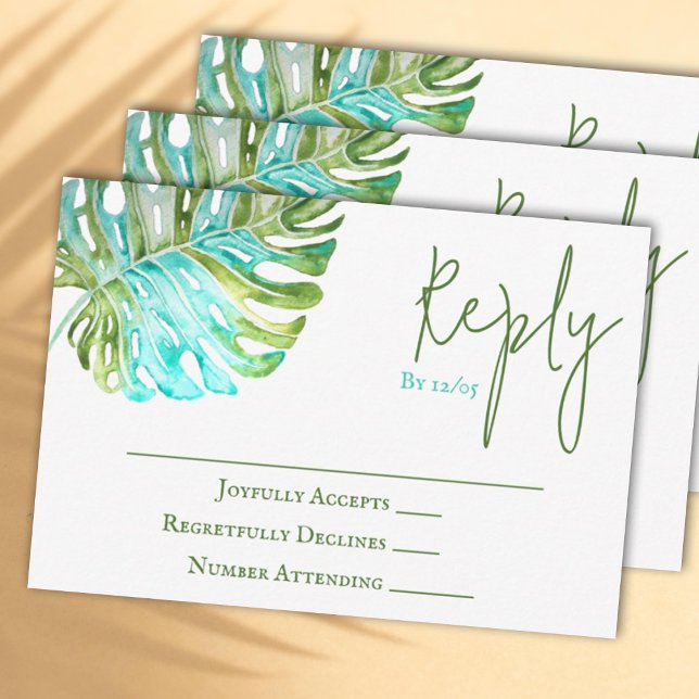 Tropical Monstera Leaf Wedding RSVP Card (Watercolor light green and turquoise monstera leaf wedding RSVP reply card)