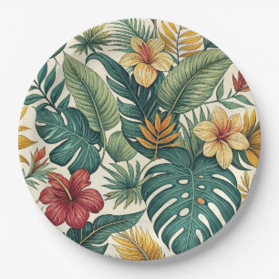 Tropical Monstera Leaf With Hibiscus  Paper Plate