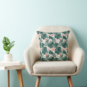 Tropical Monstera Leaves and Delicate Orchids Cushion