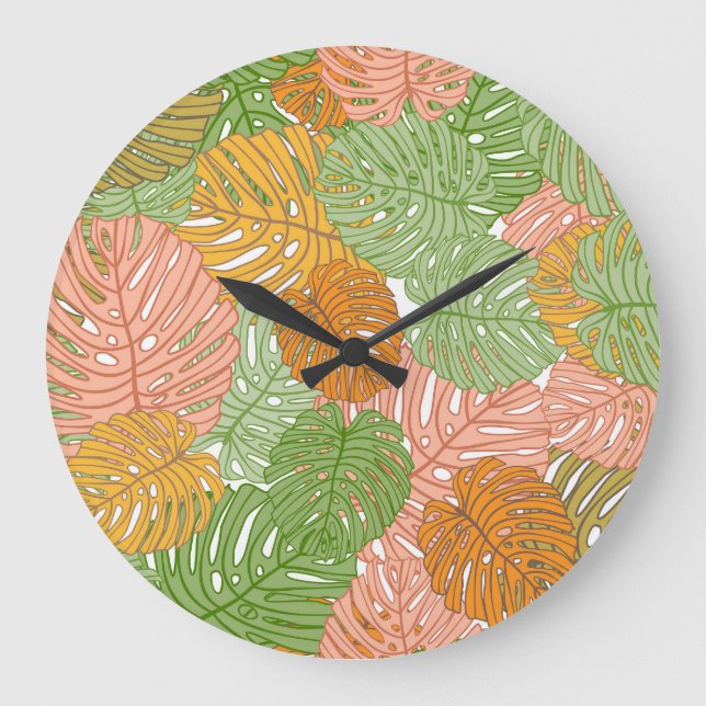 Tropical monstera leaves, colourful seamless patte large clock (Front)