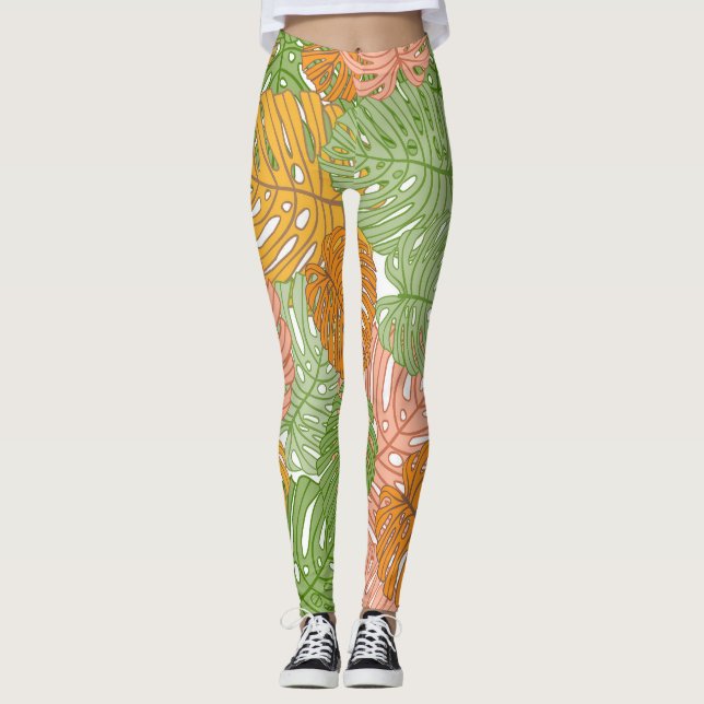 Tropical monstera leaves, colourful seamless patte leggings (Front)