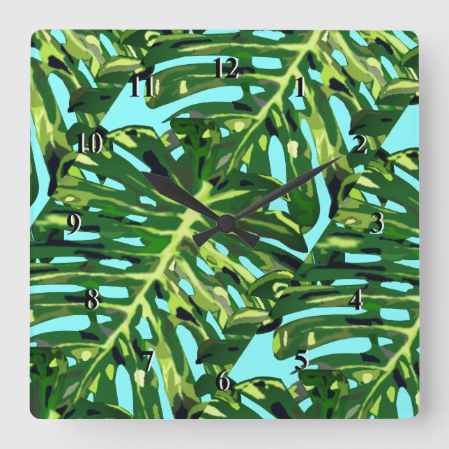 Tropical Monstera Leaves - Exotic Square Wall Clock (Front)