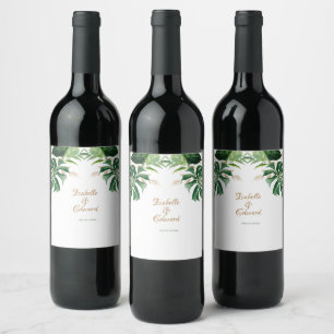 Tropical Monstera Leaves Green & Gold Trim Wine Label