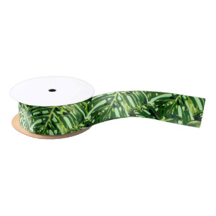 Tropical Monstera Leaves - Green Nature  Satin Ribbon