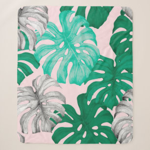 Tropical monstera leaves hand drawn illustration p sherpa blanket