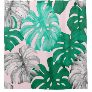 Tropical monstera leaves hand drawn illustration p shower curtain