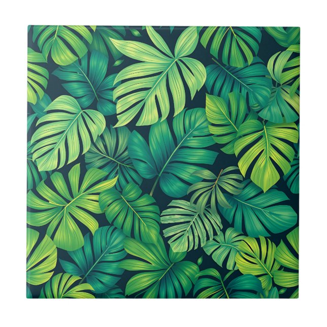 Tropical Monstera Leaves Jungle Pattern Tile (Front)