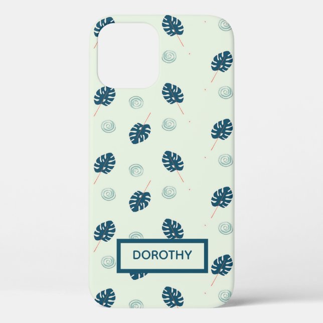 Tropical monstera leaves monogram on blue Case-Mate iPhone case (Back)
