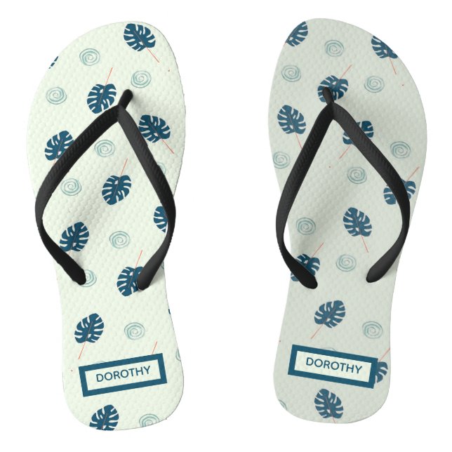 Tropical monstera leaves monogram on blue jandals (Footbed)