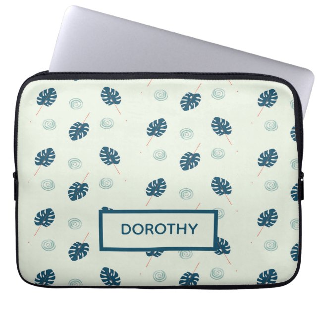 Tropical monstera leaves monogram on blue laptop sleeve (Front)