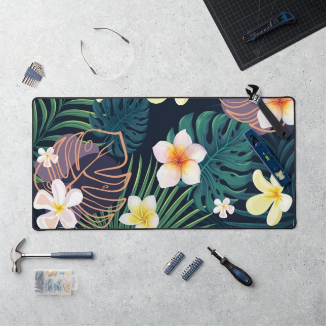 Tropical monstera leaves plumeria flowers desk mat (Workstation)